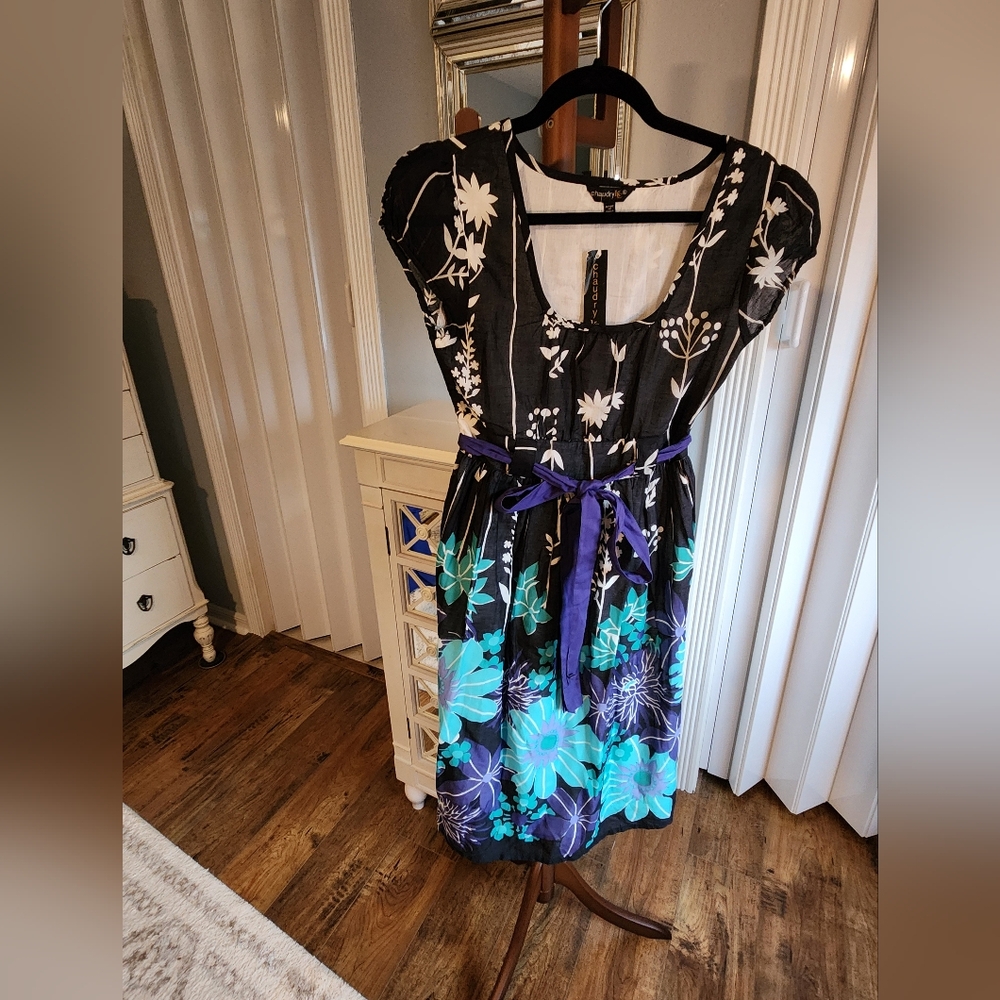NWT Chaudry KC Dress Floral Black White Blue and Teal